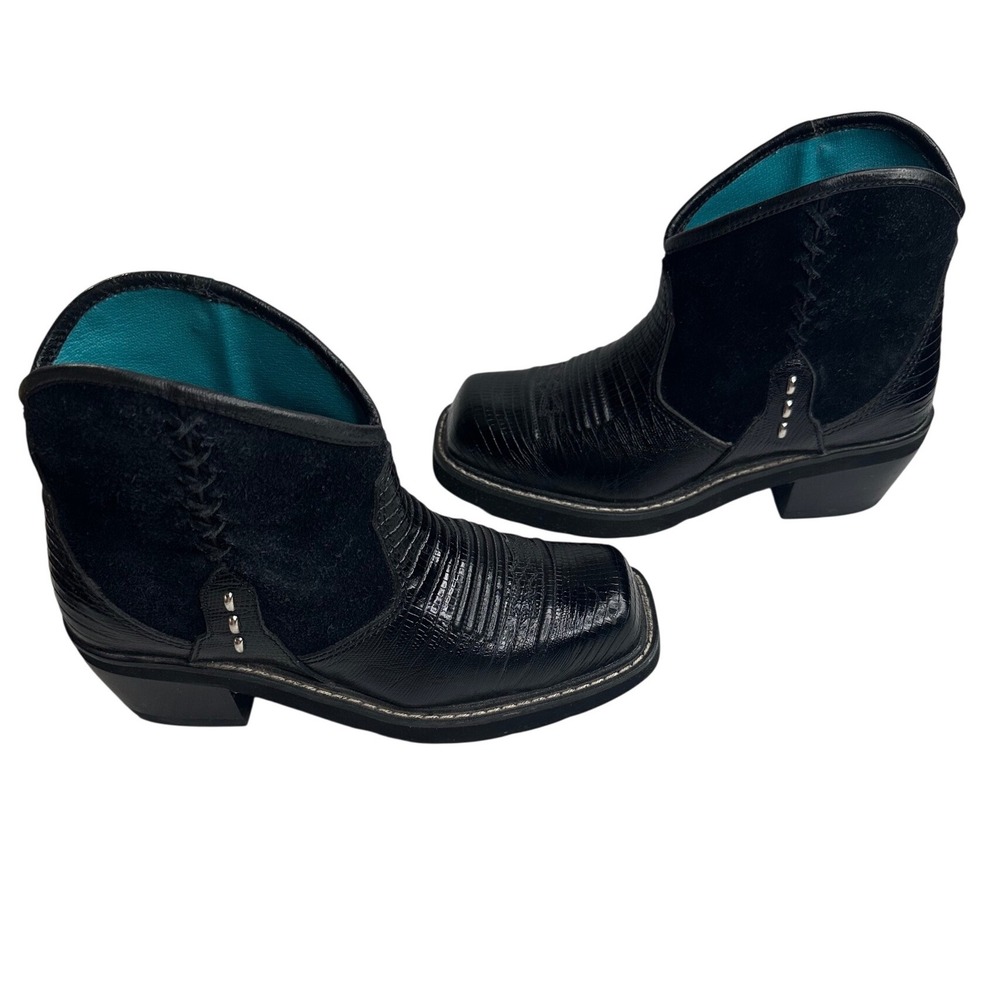 Ariat 4LR Black Lizard Embossed Suede‎ Square Toe Western Ankle Boots 15971 6.5B